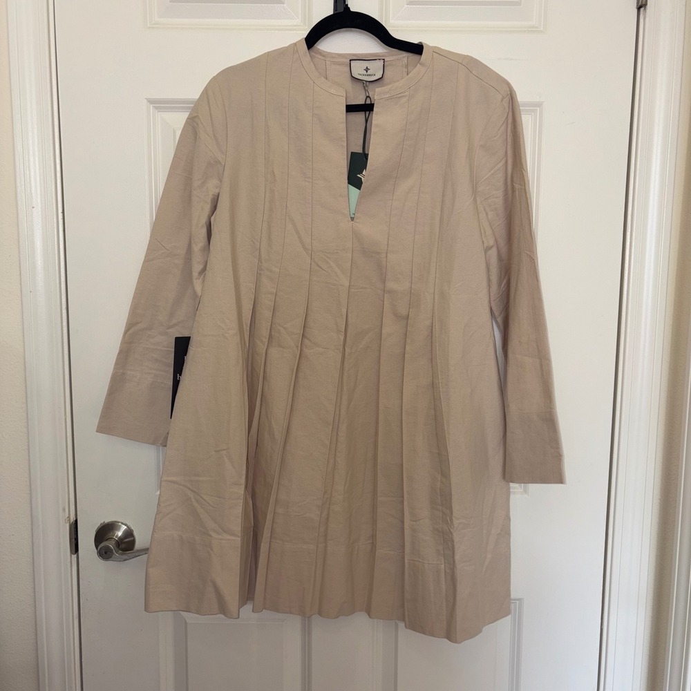 Tuckernuck Stone Callahan Tunic Dress Beige Pleated Cotton Mini Medium NWT